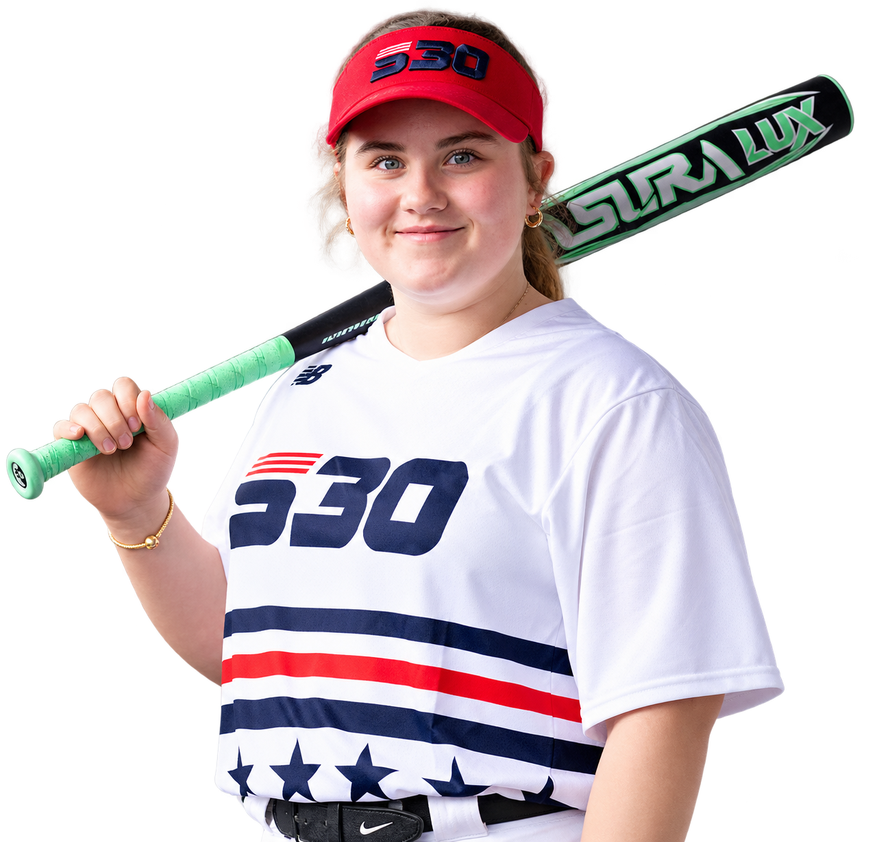 Tuney Bennett in her softball uniform, holding a bat